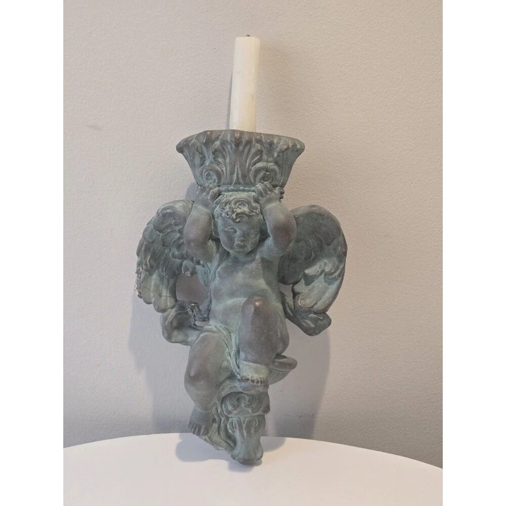 Antique Cherub Wall Sconce Candle Holder Chalkware Verdigris As-Is Repair